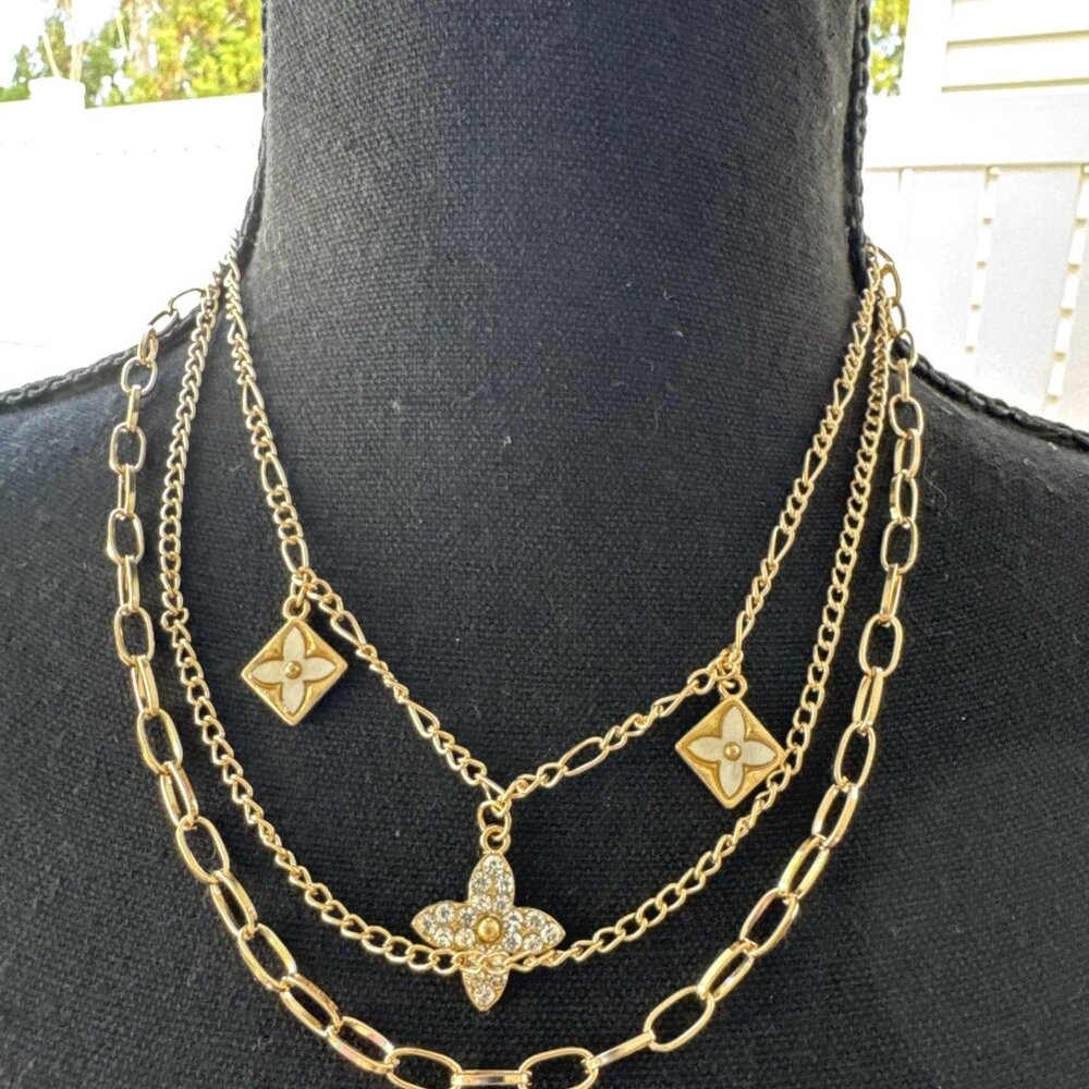 Goldtone Necklace Trio (Set of 3 pieces) Goldtone Flower Charms Layering NEW